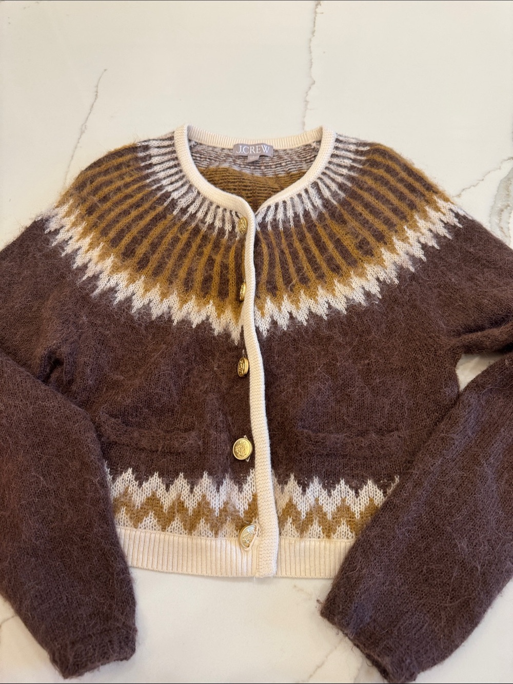 J. Crew Brown, Cream & Gold Fair Isle Mohair Cardigan